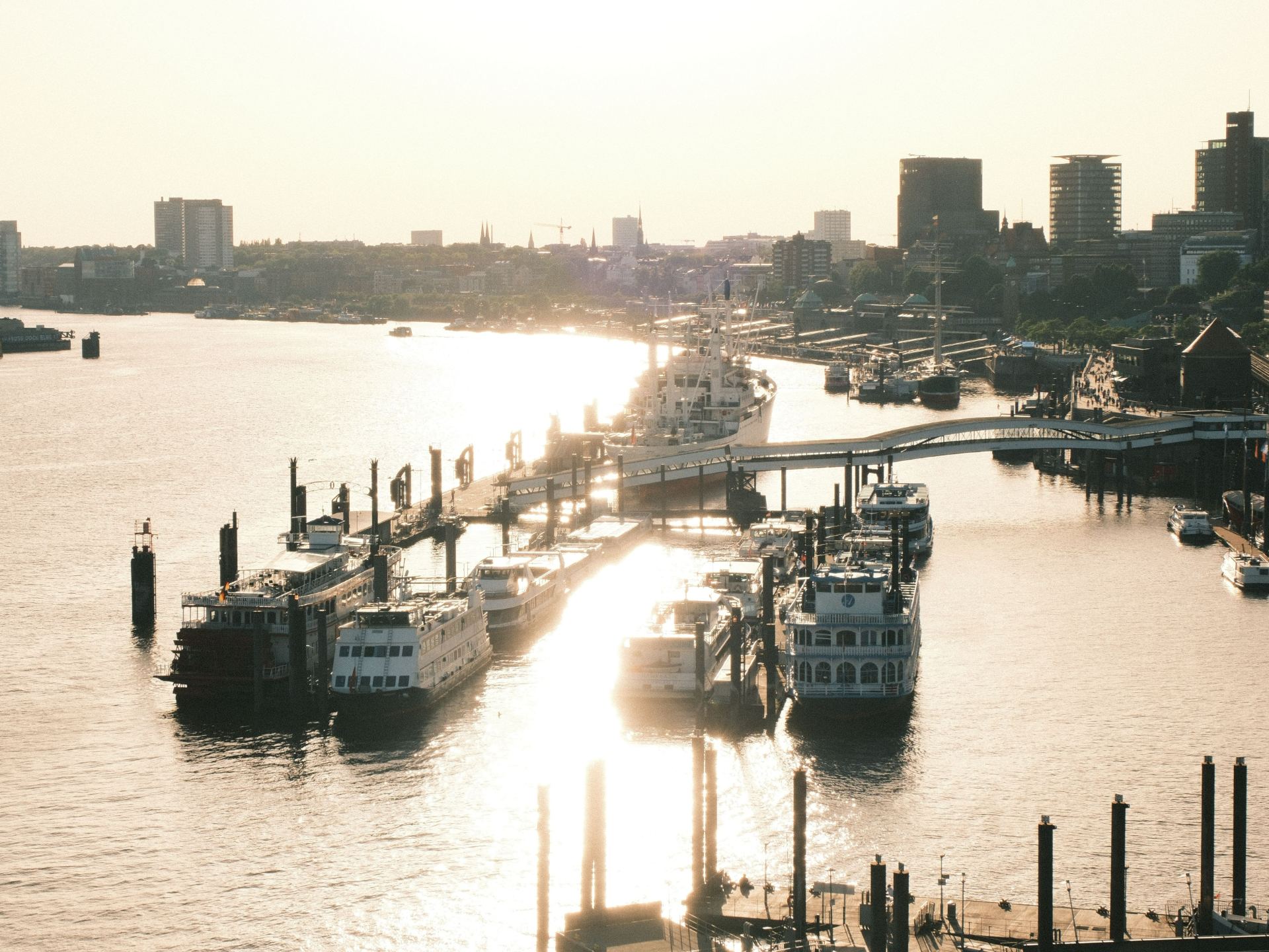 Blick über die Elbe auf den Hamburger Hafen und die angrenzende Bestandsbebauung