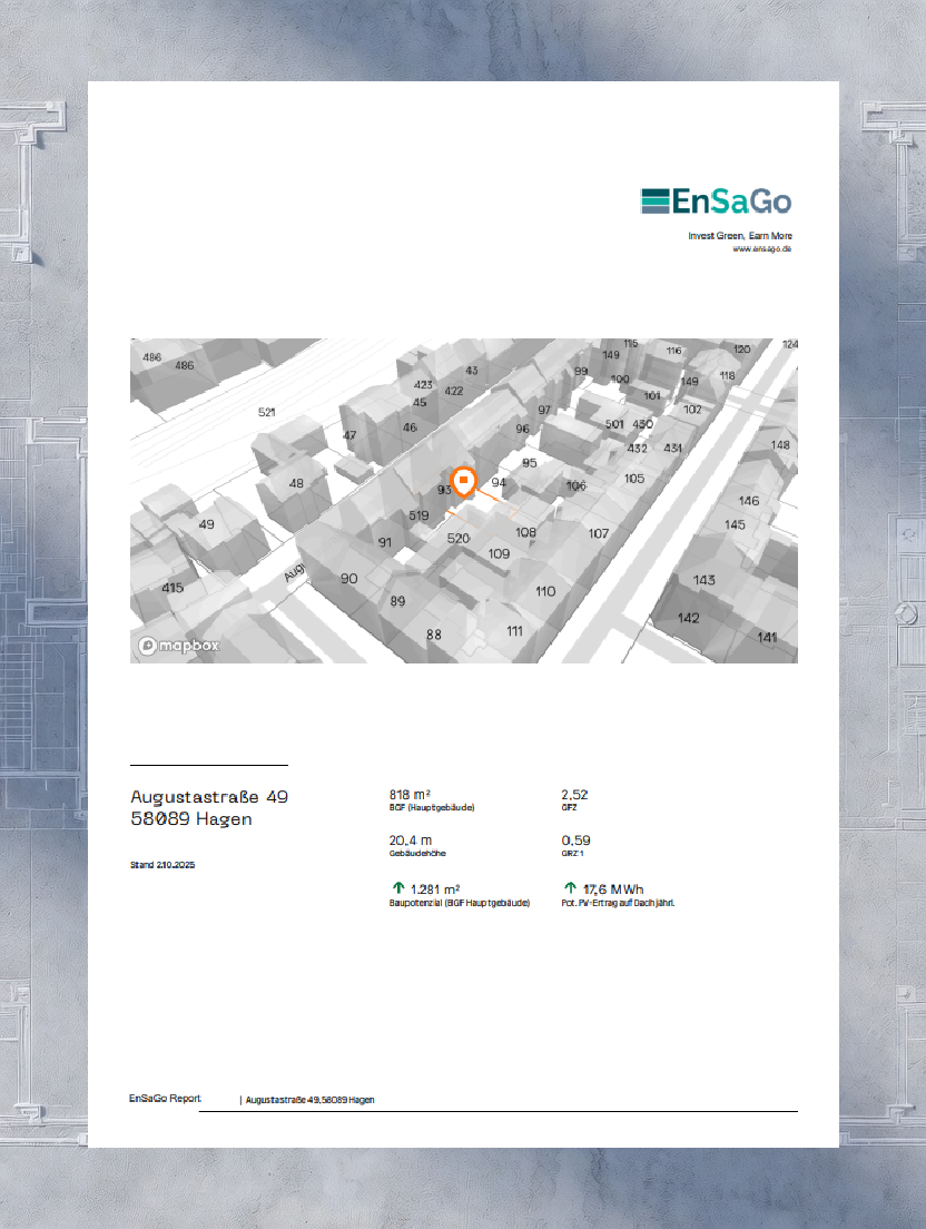 Beispielseite einer EnSaGo Potenzialanalyse mit 3D-Stadtmodell und Objektkennzahlen